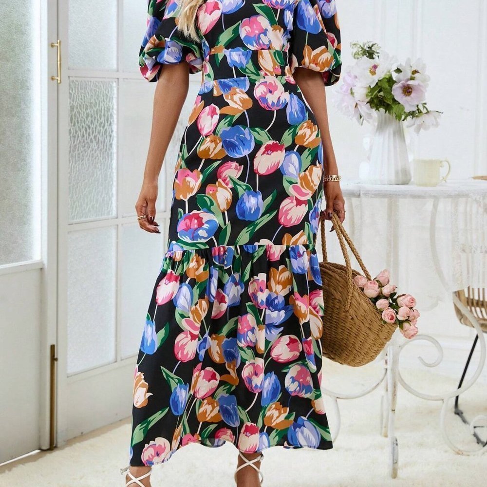 Multicolor Boho Womens Floral Print Puff Sleeve Ruffle Hem Dress - Picture 5 of 5